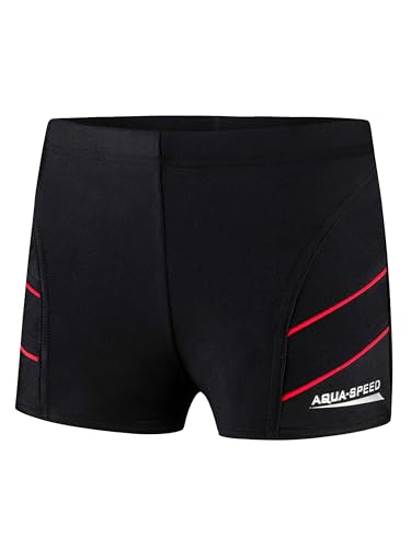 Aqua Speed Badehose eng für Kinder Jungen + gratis eBook | Schwimmhose | UV Swimwear Boys | Moderne Badebekleidung 16. Schwarz Rot Gr. 134 | Andy