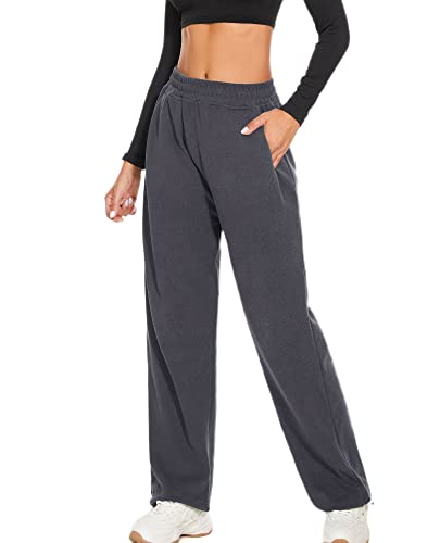 Women's Wide Leg Pants With Pockets Casual Sweatpants Elastic Waist With Drawstring Comfy Lounge Flowy Pants Dark Gray Small #TOP6