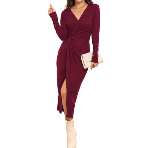 Hount Women's 2024 Fall V Neck Long Sleeve Sweater Dress Casual Ribbed Knit Bodycon Midi Cocktail Dress with Slit2
