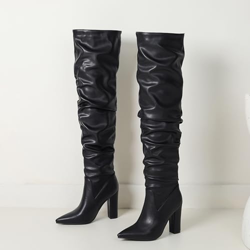 Roimaash Black Slouch Ruched Boots Knee High for Women Wide Calf Thigh High Boots2
