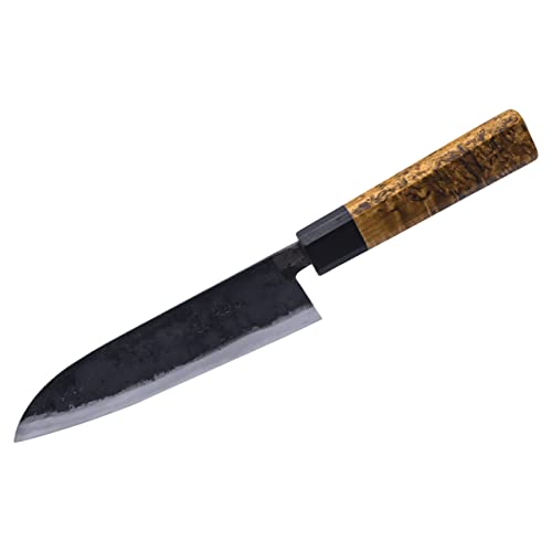 cleenbo Moritaka Santoku japanisches Kochmesser, Profi Küchenmesser traditionell handgeschmiedet, handgemachter karelischer Maserbirken-Holzgriff, Klinge: Aogami II Stahl 18,5 cm aus Japan Cover