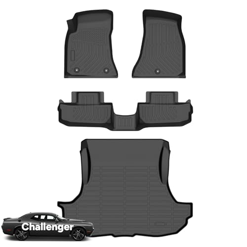 Wayhigh® Floor Mats & Cargo Liner for Dodge Challenger RWD 2015-2023, All Weather TPE Car Mats Waterproof Heavy Duty Floor Liners, Floor Mats Custom Fit for Challenger Accessories