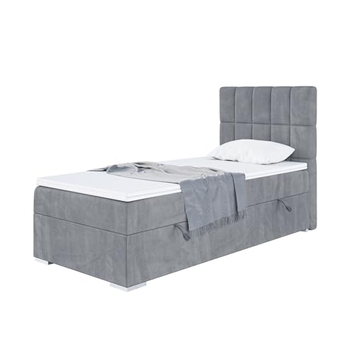 MEBLINI Boxspringbett mit Bettkasten - Gepolstert Einzelbett mit Matratze und Topper - Polsterbett mit Stauraum - Bett mit Kopfteil - Stauraumbett - Lukas - 90x200 Rechts - H3/Grau Samt