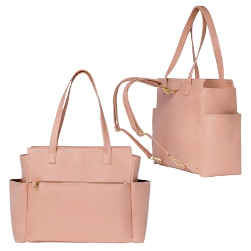 Image of Convertible Tote Bag & Backpack for Women | Faux Leather, 15.6 inch Laptop Compartment | Office, Travel & Everyday Carry | Large, 37cm | Pink