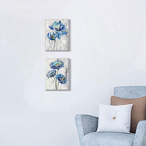 Tar Tar Studio Blue Flower Artwork Canvas Picture: Floral Painting Bloom Wall Art Print On Canvas For Dining Room (12''W X 16''H X 2 Pcs, Multiple Sizes/Material) #TOP3