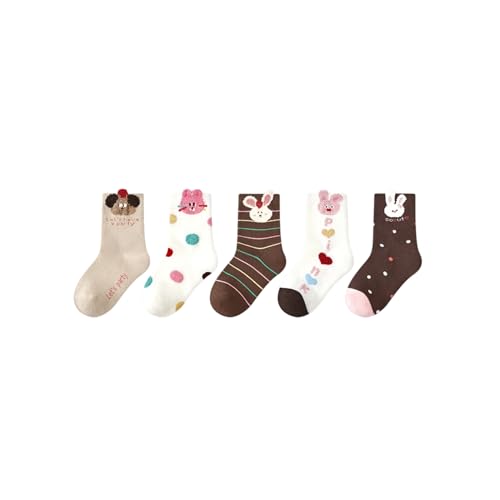 Toddlers Girls Socks Rabbit Embroidery White Mid-Calf Polka Dot Ribbed Cuffs Casual Socks for Toddler Girls 5 Pairs 3-5 Years