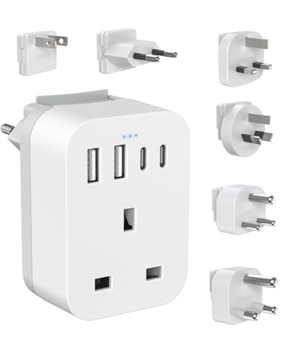 UK to Worldwide Travel Adapter Set Travel Adaptor Kit with 4 USB Ports (2 USB C) International Plug Adapter with 6 Removable Plug