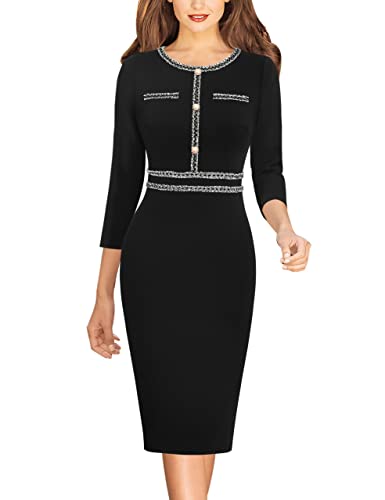 VFSHOW Womens Business Button Crew Neck Fitted Wear to Work Office Patchwork Pencil Sheath Dress