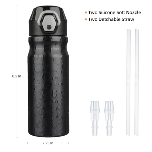 Image of BJPKPK 18 oz Water Bottle with Straw & Handle, Insulated Stainless Flask | Leak Proof Locking Lid, Thermal, Double Wall Vacuum, Metal, Keeps Hot /Cold, BPA Free, Travel & Sports, Black Leopard