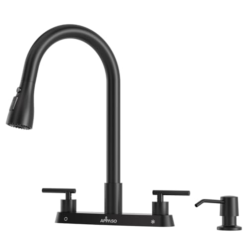 Image of APPASO 4 Hole Kitchen Faucet with Pull Down Sprayer Matte Black 8'' Center | Black Kitchen Faucets with Soap Dispenser, High Arc Modern Sink Faucet for 3-4 Hole Standard Sinks, Lead-Free Certified