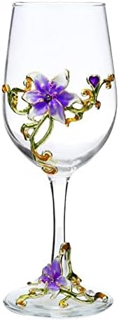 Handmade Enamel Flower Crystal Wine Glasses, Gin Balloon Glasses for Women, Birthday, Valentine Day, Mother's Day, Christmas Gift, Wedding, Party (Purple Lily Cup)