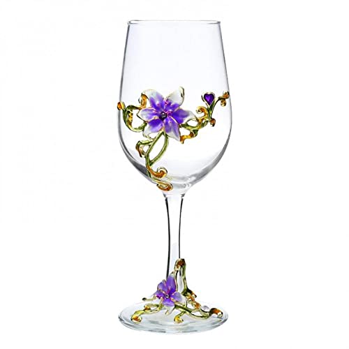 Handmade Enamel Flower Crystal Wine Glasses, Gin Balloon Glasses For Women, Birthday, Valentine Day, Mother's Day, Christmas Gift, Wedding, Party (Purple Lily Cup) #TOP1
