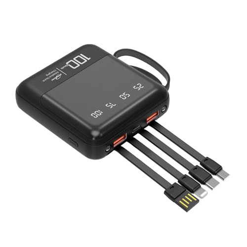 Cargador Portátil para Teléfono Celular de 10000mAh con Cables Integrados y Linterna, Batería Externa, Compatible con iPhone, Samsung, Google, LG, iPads y Más (Negro)
