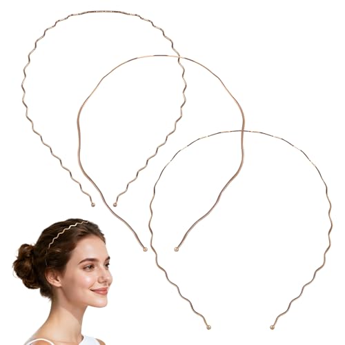 Luxshiny 3 Stück Haarreif Metall Schmal, Metall Welle Haarband Haarreif Gold Hochzeit Haarreifen Damen Rutschfest Welliges Blondes Stirnband für Yoga Outdoor Sports Tägliches Tragen