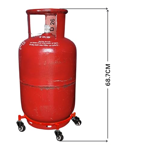 Image of Gas Cylinder Trolley with Wheels - Red | Heavy Duty Stainless Steel LPG Cylinder Stand | 360 Smooth Rolling Double Bearing Casters | Rust Resistant Cylinder Holder for Kitchen & Home