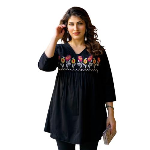 Image of Women's Viscose Cotton Embroidered Tunic Dress | Ethnic Motif 3 /4 Sleeve V-Neck Dress