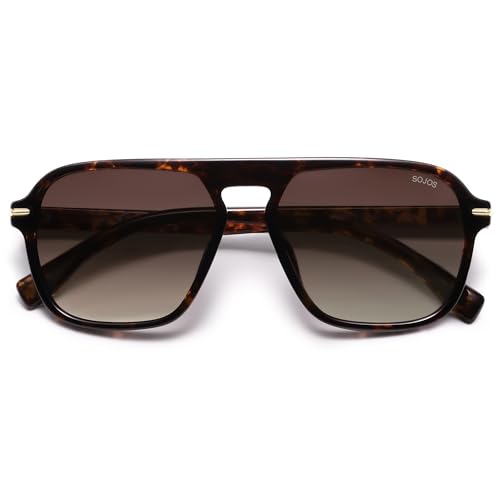 SOJOS Retro Aviator Polarized Sunglasses for Men Women Trendy Vintage Square Pilot Mens Shades SJ2370 Tortoise Frame Brown Grading Lens