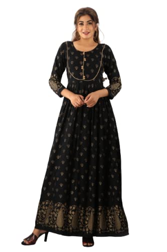 Womens Rayon Flared Long Gold Printed Front Pipe in Work Kurti