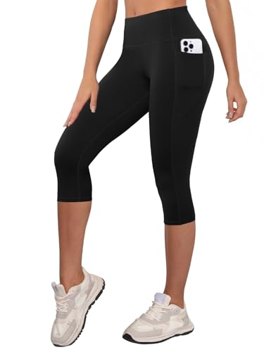 COPYLEAF Capri Leggings for Women High Waisted Leggings with Pockets Gym Workout Running Yoga Pants(Black L)