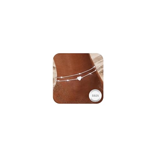 Finrezio Fußkettchen für Damen Silber 925 Layered Fußkettchen Silber Verstellbare Herz Perlen Fußkette für Mädchen Sommer Strand Schmuck Geschenk (Inklusive Geschenkbox) C