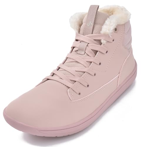 JACKSHIBO Winter Barfußschuhe Damen Warm Gefüttert Winterschuhe Wasserdicht Winterstiefel Winterboots Barfuss Schuhe Mit Weite Zehenbox Damen stiefel Nullabsatz Sohlen Schneestiefel Rosa 40 EU