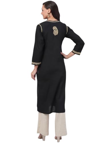 Image of Ada Hand Embroidered Chikankari Black Cotton Kurta for Women A207632 (5XL) | Women's handcrafted ethnic wear Chikan Embriodery casual office work wear Straight pure cotton handmade kurti tunic