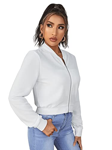 Sweatyrocks Women's Casual Long Sleeve Solid Zip Up Coat Crop Bomber Jacket White M #TOP4