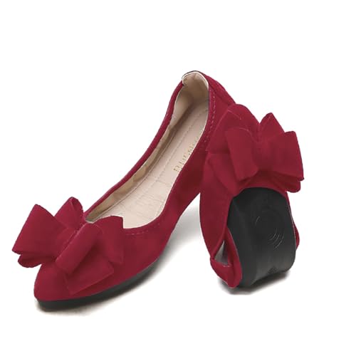 YOUNIFIZ Women Ballet Flats Foldable Fashion Bowtie Comfort Pointed Toe Slip On Ballerina Ladies Casual Comfort Faux Suede Loafers (Wine Red,Size 5)