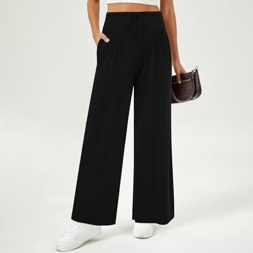 Womens Wide Leg Pants Summer Drawstring High Waisted Lounge Pants Flowy Pleated Palazzo Trousers Pants with Pockets3