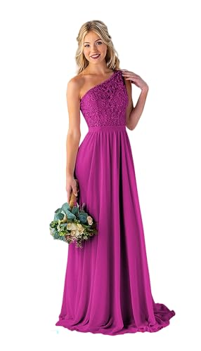 Image of LANGKAAO Women's One Shoulder Bridesmaid Dresses Long for Wedding with Pockets Lace Bodice A-Line Chiffon Formal Party Gown