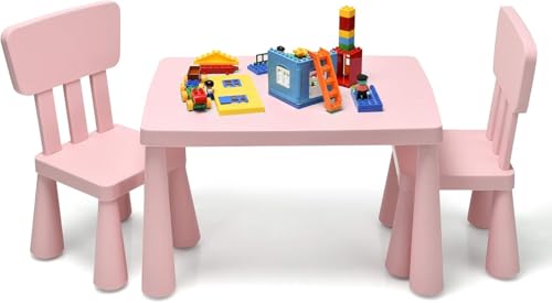 RELAX4LIFE Mesa y Silla Infantil de PP, Mesa Infantil con 2 Sillas, Respalda Ergonómica y Bordes Redondeados para Escribir, Leer, Jugar y Comer, Mesa Infantil con Sillas para Niños 1-7 Años (Rosa)