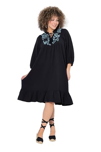 Ulla Popken Damen große Größen Übergrößen Plus Size Musselin-Kleid, Stickerei, Tunika-Ausschnitt, 3/4-Arm schwarz 54+ 838403100-54+