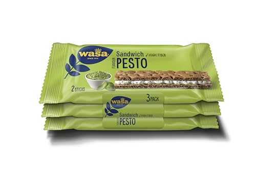 Wasa Knäckebrot Sandwich Pesto 3x37g (111g) I Knäckebrot-Snack aus Weizenmehl mit einer Füllung aus Käse und Basilikum-Pesto, perfekt für unterwegs (Packung mit 5)
