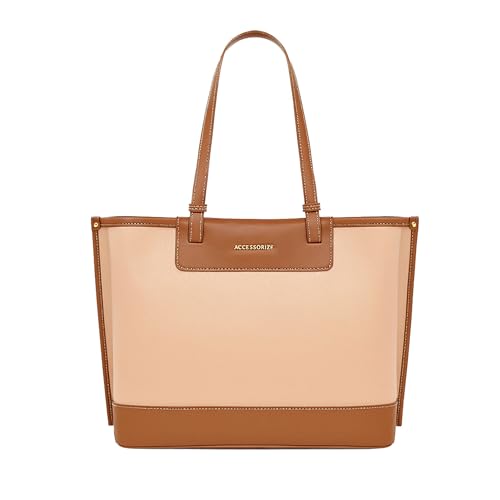Image of Accessorize London Women's Beige & Tan Two-Tone Adore Work Tote | Spacious Shoulder Bag for Office & Travel