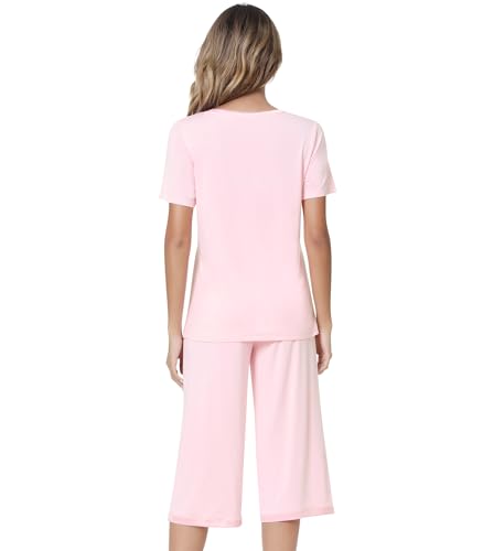 Image of NACHILA Pajamas for Women-Viscose Made from Bamboo,Satin Crew Neck Pajama Sets Short Sleeve Pjs with Capri Pants