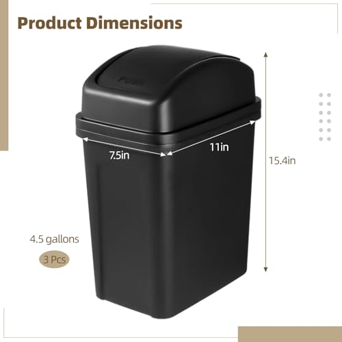 Image of Homaisson 3-Pack Black Plastic Trash Can, 4.5 Gallon, Rectangular, Swing-Lid, Kitchen
