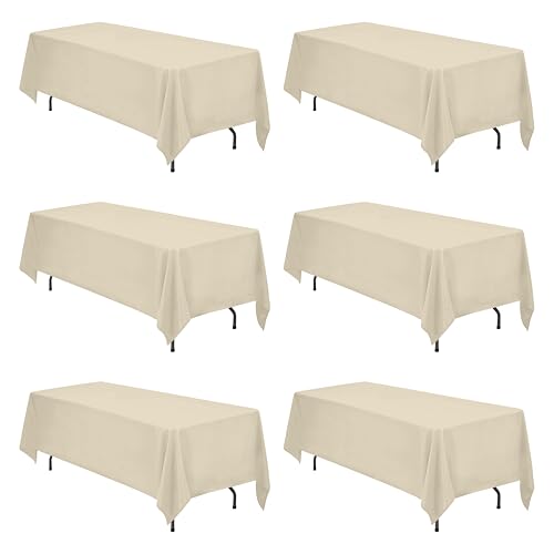 Image of BRILLMAX 6 Pack Beige Tablecloths 70 x 120 Inch for 6ft & 8ft Rectangle Tables - 150 GSM Polyester Fabric, Universal Fit, Water, Stain & Wrinkle Resistant Cloth Cover for Wedding Reception Banquet