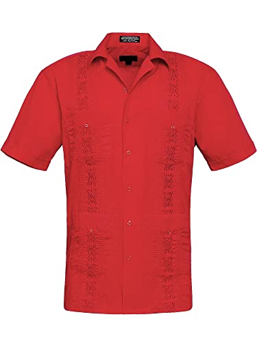 Guayabera - Camisa Cubana Plisada Ligera Bordada para Hombre, Rojo, Small