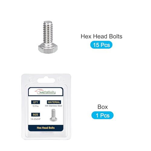 Image of METALLIXITY Hex Head Bolts (1 /4-20 x 5 /8 inch) 15Pcs, 304 Stainless Steel 18-8, Fully Threaded, External Hex Drive, Plain Finish, Hex Head Screw Bolt, Silver