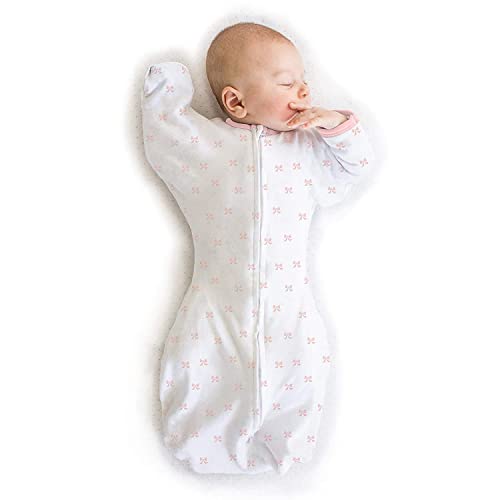 Image of Amazing Baby Transitional Swaddle Sack with Arms Up Half-Length Sleeves and Mitten Cuffs, Small, 0-3 months, 6-14 lbs, Tiny Bows, Pink (Arms Up Swaddle, Transition Swaddle Sleep Sack)