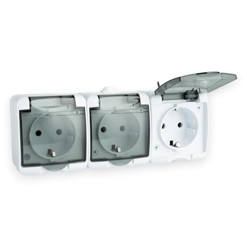 Tomacorriente triple con vidrio ahumado, tapa abatible, 230 V, 16 A, IP44, enchufe con protección para áreas húmedas, resistente a salpicaduras y al polvo, enchufe de montaje en superficie horizontal
