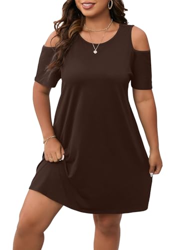 Image of Verdusa Women's Plus Size Dresses Summer Going Out Cold Shoulder Short Sleeve T Shirt Tunic Dress