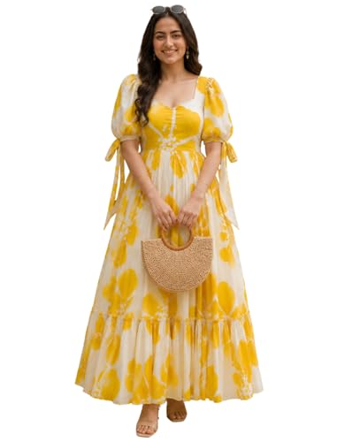 Image of Modestouze Attires Women's Floral Pattern Rayon Blend Maxi Dress with Sweetheart Neck Half Puff Sleeve Floor Length and Zipper Closure Type | Maxi Dress for Women Stylish | Dress for Women