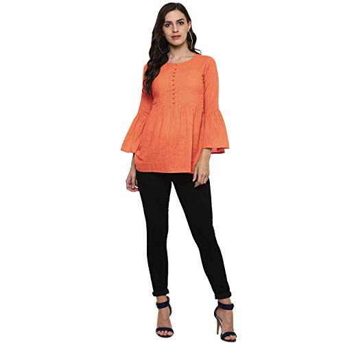 Image of Cotton Plain and Solid Bell Sleeve A-Line Short Round Neck Flared Tunic Top for Girls Women