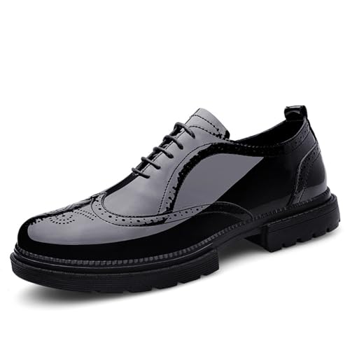 Men's Patent Leather Carved Brogue Oxford Shoes with Adjustable Laces, Casual Thick Sole Business Shoes