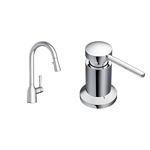 Image of Moen 87233 Adler Chrome One-Handle High Arc Kitchen Sink Faucet Bundle with Moen 3942 Chrome Deck Mounted Kitchen Soap Dispenser with Above the Sink Refillable Bottle