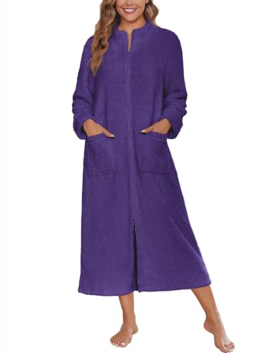 Image of Ekouaer Women Zip Up Robe Fleece Long Sleeves Soft Housecoat with Pockets
