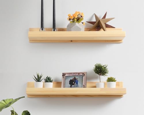 Image of Wooden Floating Wall Shelf for Home Decor | Solid Pine Wood Wall Mounted Shelf for Living Room, Bedroom & Office (Set of 2)