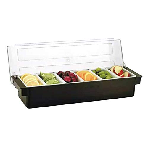 Juego de recipientes para ingredientes, 6 piezas, recipiente para barbacoa con tapa, 6 compartimentos de 700 ml para limones, frutas, 50 x 15 x 10 cm, color negro con tapa transparente