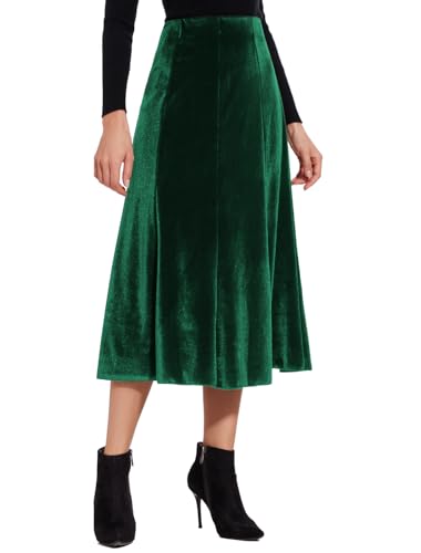 Women s Elegant Vintage Velvet Midi Skirt Flowy 8-Panel Design (US, Alpha, Large, Regular, Regular, Dark Green)